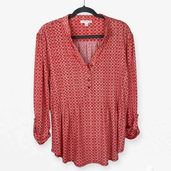 Westport Mandarin Collar V-neck with butt accent reddish Orange flowy blouse L - Picture 5 of 10